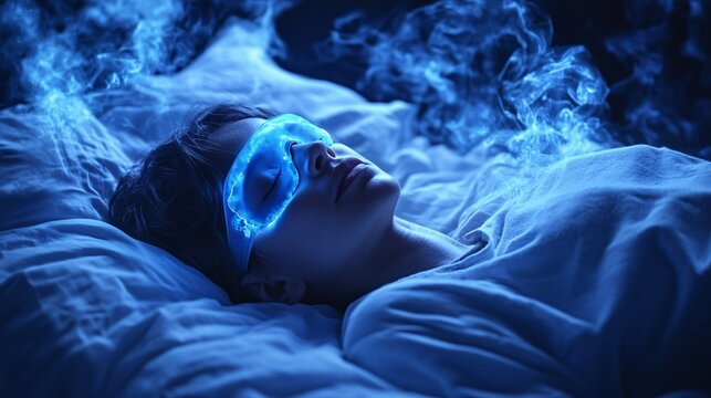 A serene image showcasing a sleeping individual with an eye mask. It evokes feelings of comfort and rest and symbolizes a focus on health, and wellness with mental disease awareness.