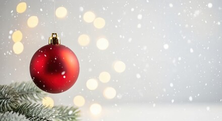 Festive red Christmas tree ornament with golden cap, hanging amidst a flurry of snowflakes and warm bokeh lights, symbolizing winter holidays.