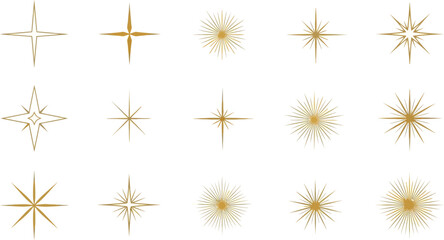Elegant golden star burst shapes isolated on a clean white background