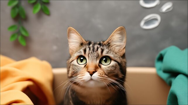 Brown Tabby Cat with Green Eyes in a Laundry Basket