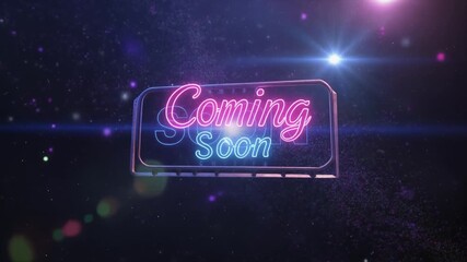 Neon coming soon sign glowing pink and blue in dark space
