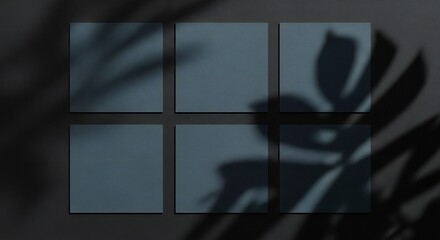 Modern minimalist mockup scene with six blank square cards and tropical leaf shadow for branding and design projects