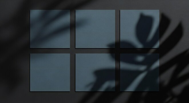 Modern minimalist mockup scene with six blank square cards and tropical leaf shadow for branding and design projects