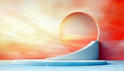 A clean, minimalist stage with a circular archway and a vibrant sky background, evoking a sense of openness and modern design.