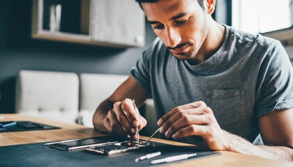A focused man carefully repairing a disassembled smartphone using small precision tools