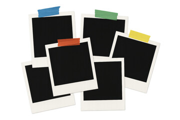 Blank instant images with colorful tape creating a collage, providing space for memories, transparent background
