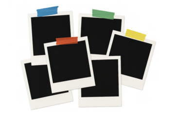 Blank instant images with colorful tape creating a collage, providing space for memories, transparent background