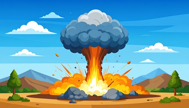 Cartoon depiction of a large, colorful explosion rising from a desert landscape under a sunny, cloud-filled sky - Powered by Adobe