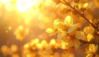 Yellow blossoms on a branch are bathed in golden light, creating bokeh and warm, sunny, spring ambiance