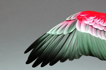 Fototapeta premium Closeup of a Bird's Wing with Pink Green and Black Feathers