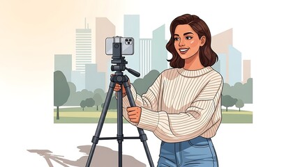 Young woman setting up phone on tripod for video recording outdoors in city park.