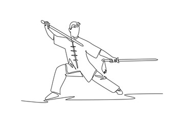 Single continuous line drawing man Wushu athlete poised in dynamic bow stance, wielding twin swords in defensive and offensive guard. Power discipline. One line draw graphic design vector illustration