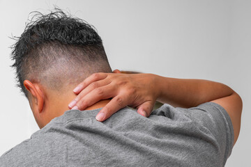 Neck pain from muscle fatigue or poor posture—highlighting cervical strain, tendon tension, and...