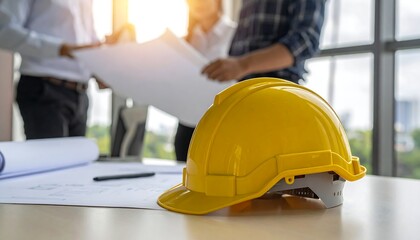 Yellow hardhat sits on a table with blueprints, people in the background, with sunny windows beyond