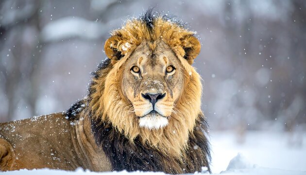 A majestic lion with a golden mane rests on a snowy ground, gazing directly at the viewer with piercing eyes. Snowflakes gently fall