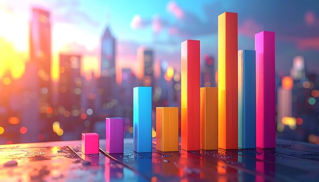 Colorful bar graph rises against a glowing city skyline, reflecting on a wet surface - Powered by Adobe