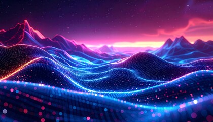 Neon landscape of dotted waves against mountains under a vivid pink, orange, and purple starry night sky