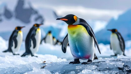Group of penguins stand on jagged ice under a cloudy sky with snowy mountains in the background