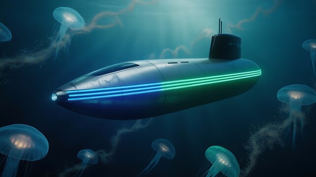 Futuristic submarine with blue and green neon accents swims among glowing jellyfish in deep blue water