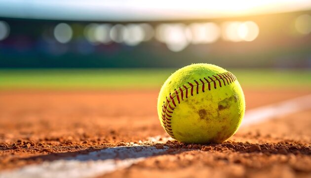Yellow softball rests on a white chalk line, on an outdoor sports field in warm light