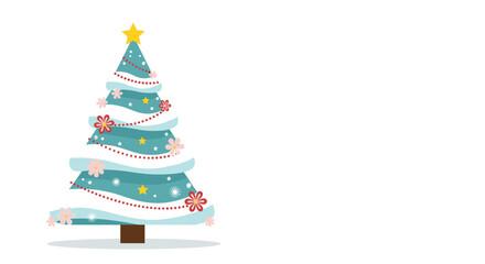 Stylized teal Christmas tree with red and pink flowers, stars and snow accents.