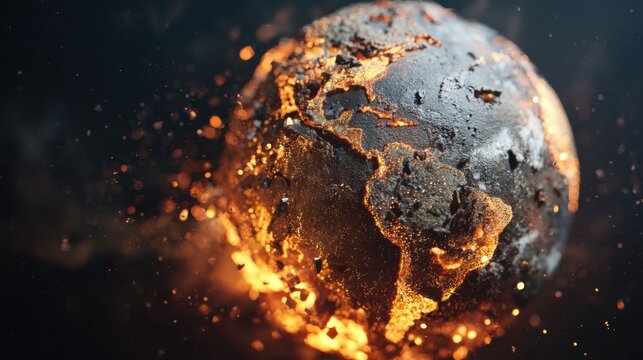 Glowing Earth Planet Fragment Imploding with Fiery Splashes and Sparks in a Dark Cosmic Background