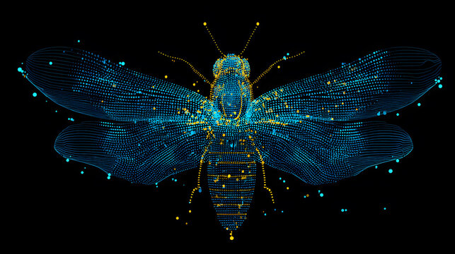 Digital Wireframe Insect with Luminous Particles