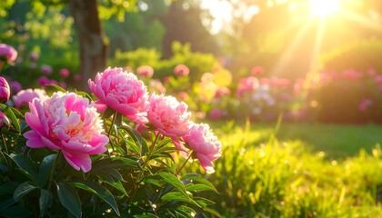 Close up of blooming pink flowers with golden sunlight shining through the green leaves in garden, warm & bright