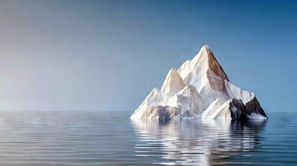 A large, jagged iceberg with snow-capped peaks floats serenely in the vast, calm ocean under a clear blue sky.