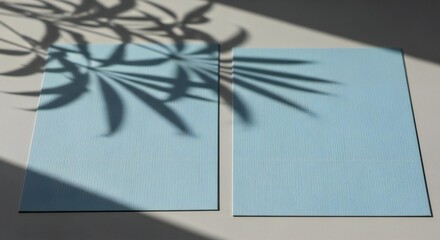 Two elegant light blue cards casting soft tropical leaf shadows, perfect for modern invitations or stylish business branding projects and announcements
