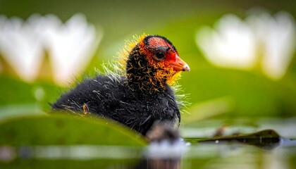Young bird with bright orange feathers on its head, nestled amongst green lily pads in water