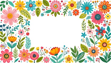 Colorful floral frame illustration with stylized flowers and leaves arranged around a rectangular empty space