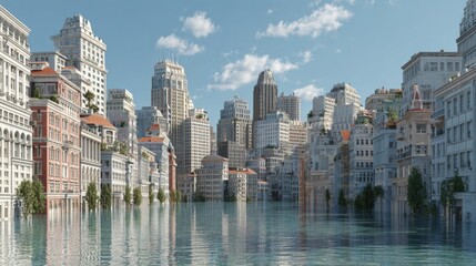 Obraz premium Stunning Cityscape of High-Rise Buildings Surrounded by Serene Water, Showcasing Architectural Beauty and Reflection