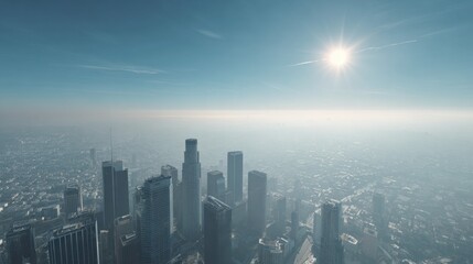 Fototapeta premium Aerial View of Los Angeles Skyline Under Bright Sunlight with Morning Fog and Blue Sky
