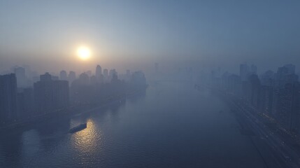 Naklejka premium Aerial View of City Skyline at Sunrise with Mist Over Water and Urban Landscape in Soft Light