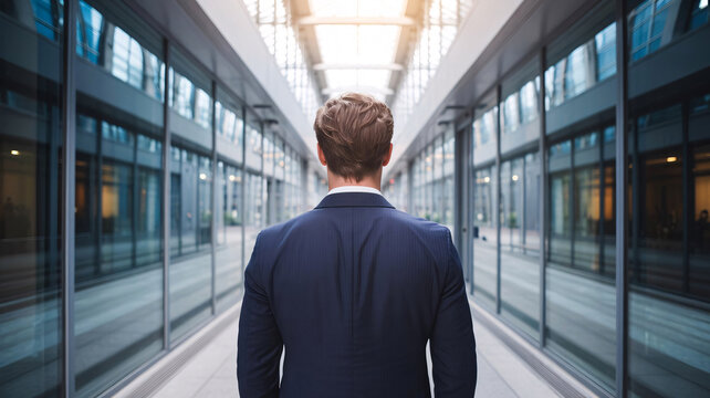Businessman walking in modern office hallway representing corporate future vision