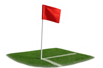 Corner flag standing on green grass, marking the boundary line of a football field. Transparent background