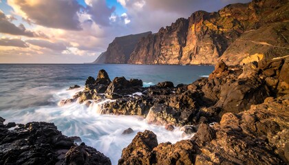 Rugged coastline vista with towering cliffs, surging waves, and a dynamic sky in warm, golden light