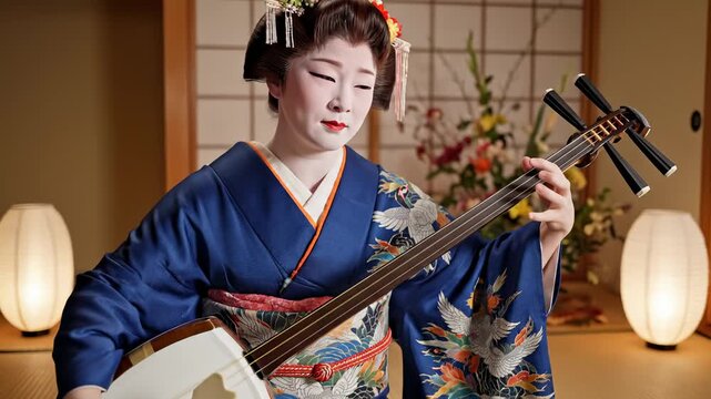 Geisha Playing Traditional Japanese Shamisen Instrument in Traditional Room