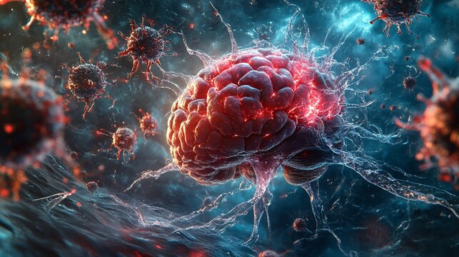 Dramatic imagery showing infection and neural damage. Conceptual image depicts the intricacies of pathogenic impact on the brain, useful for medical illustrations and educational resources.