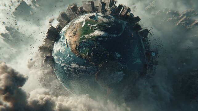 Surreal depiction of Earth with crumbling cities and dramatic clouds highlighting an apocalyptic and chaotic scene