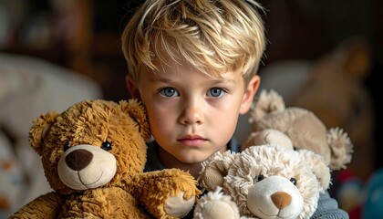 Young boy with blue eyes and blonde hair holding brown and tan teddy bears in front of a blurred background