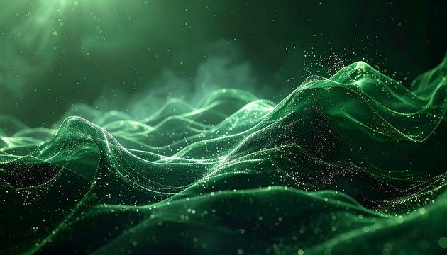 Abstract green wave landscape with light particles and smoky haze, creating depth and a serene atmosphere