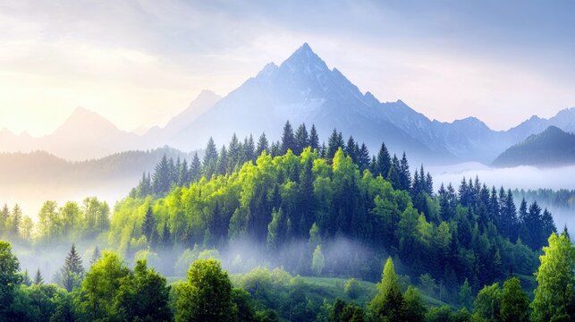 A breathtaking view of a misty mountain range with a vibrant green forest in the foreground, bathed in soft morning light. - Powered by Adobe