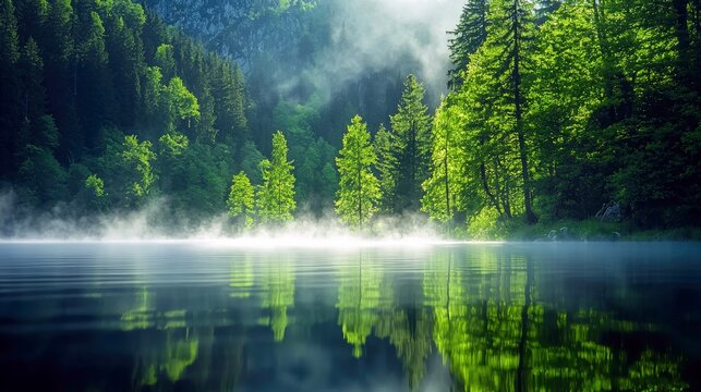 A serene lake reflects a dense, vibrant green forest shrouded in morning mist.