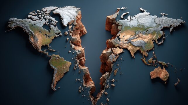 Conceptual representation of a fractured world map illustrating geographical and environmental division and change effects