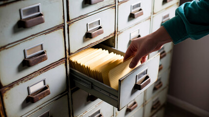 Hand opening vintage card catalog drawer with index cards for data archiving