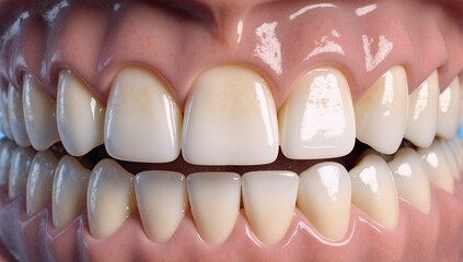 Accurate 3D illustration of healthy human teeth with normal occlusion in frontal view