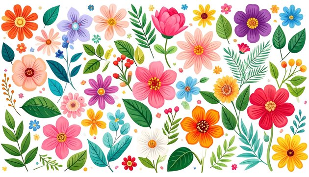 Colorful collection of whimsical floral illustrations, various shapes and hues, with green leaves and botanical accents