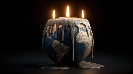 Melting Earth Candle with Three Flames Symbolizing Global Warming and Environmental Awareness on Dark Background